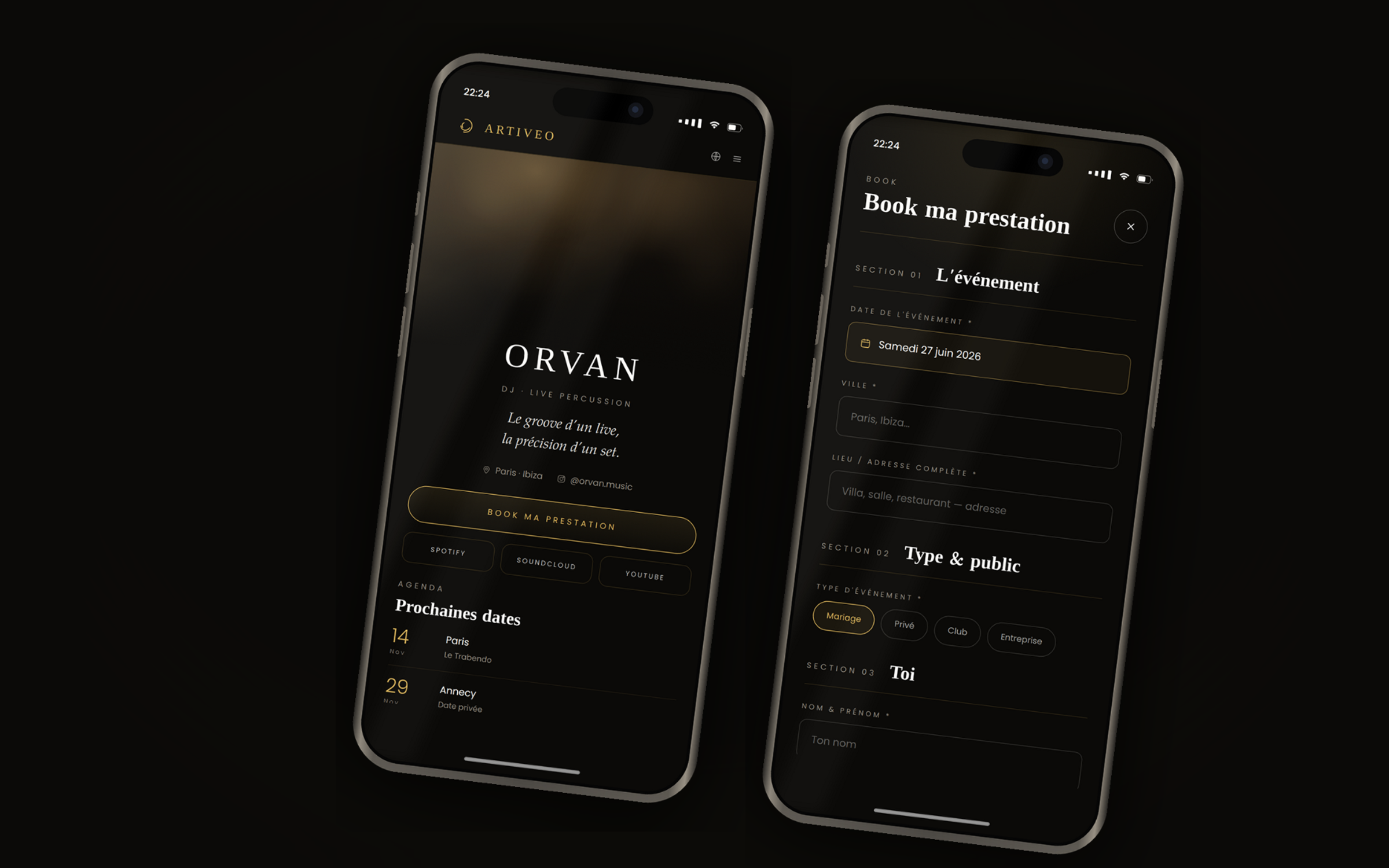 Deux téléphones affichant une page d’artiste Artiveo et son formulaire de réservation